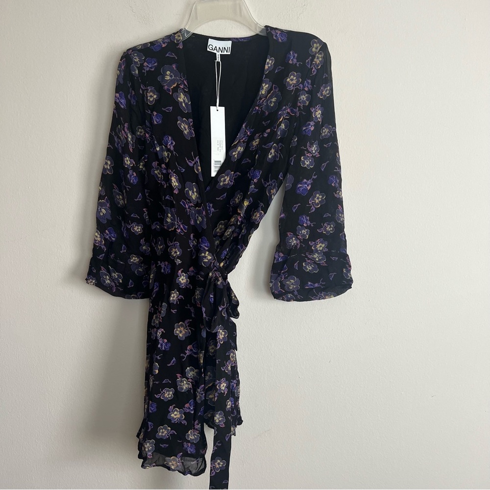 NWT Ganni Floral Print Georgette Wrap Puff Dress - Picture 8 of 13